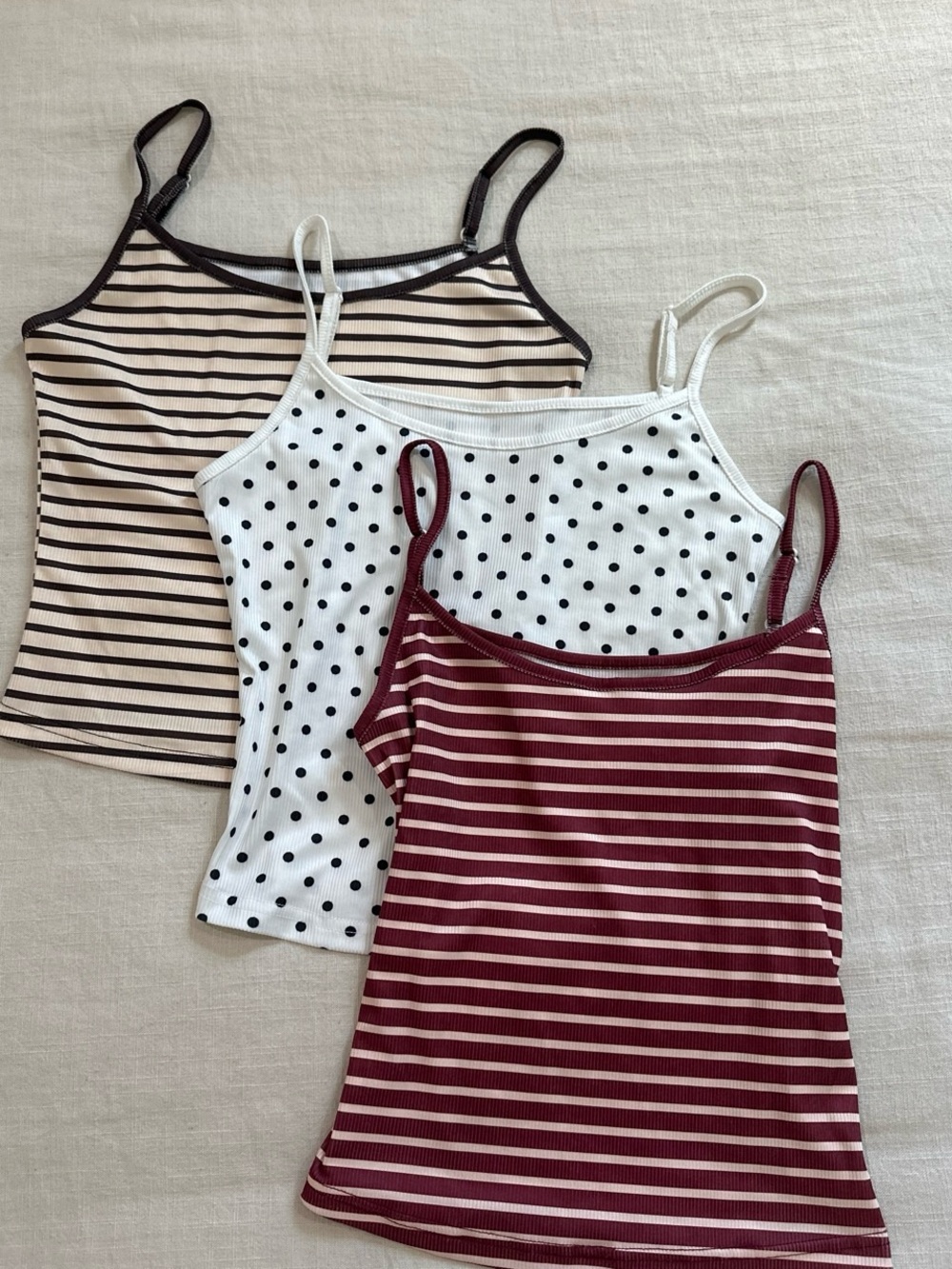 SHEIN Burgundy, Cream & White Striped and Polka Dot Cami Tank Set